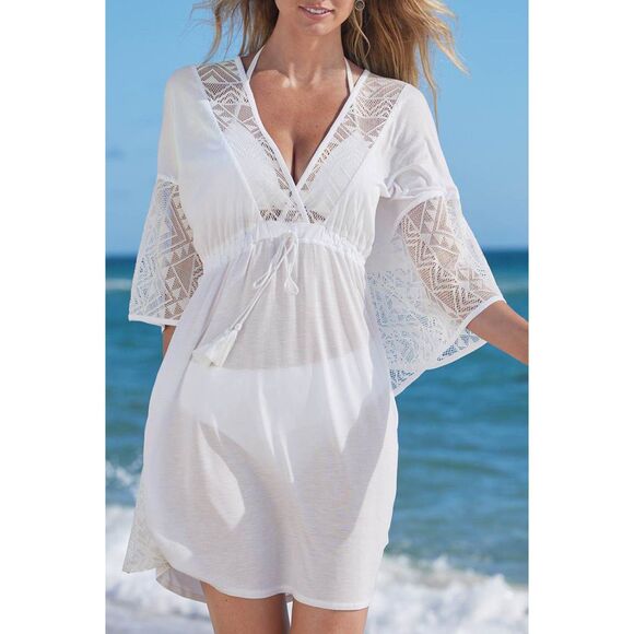 White Kimono Sleeve Swim Cover Up – Boho Beach Dress Bathing Suit Layer Size S - Picture 2 of 3
